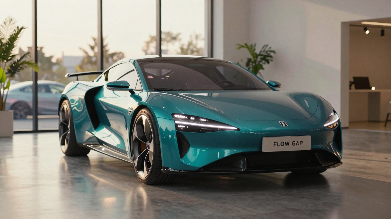 Carro desportivo elétrico verde metálico estacionado num showroom moderno com janelas grandes.