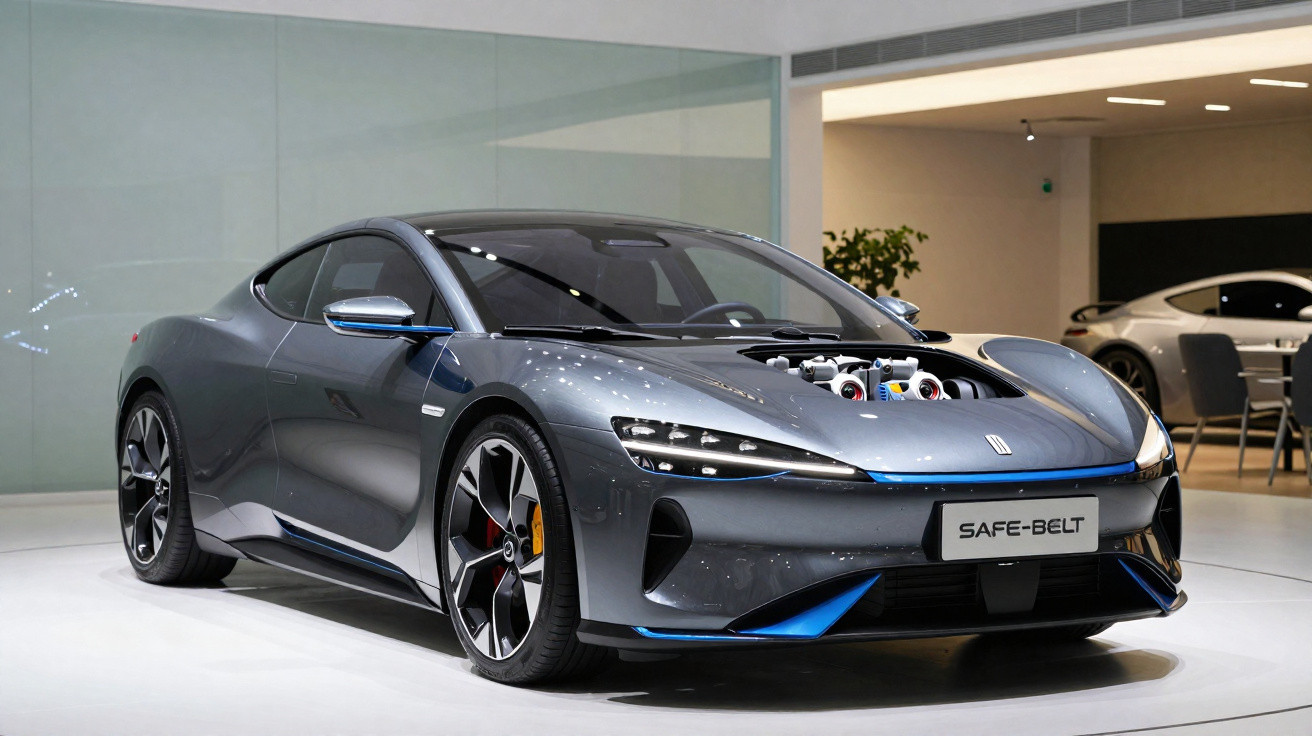 Carro desportivo cinzento metalizado com capô aberto exibindo motor, em exposição numa sala moderna.