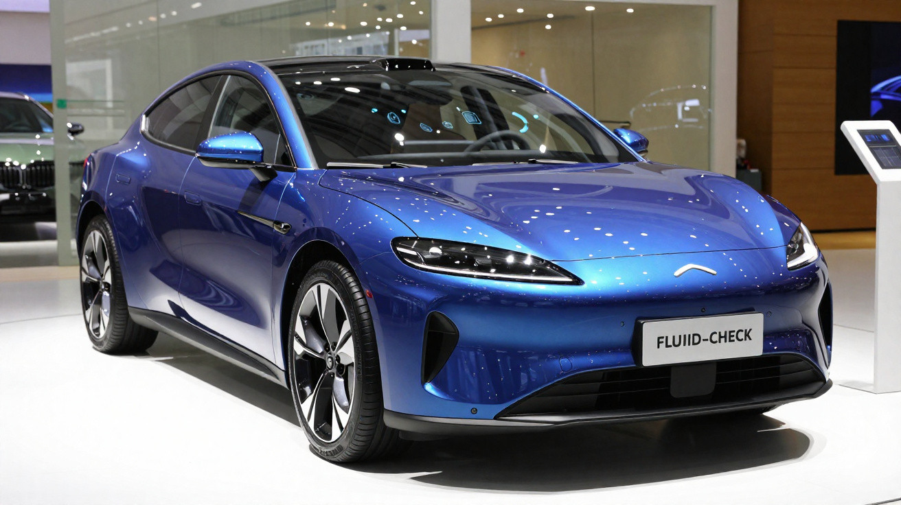 Carro elétrico sedan azul metálico exposto num showroom moderno com iluminação branca.