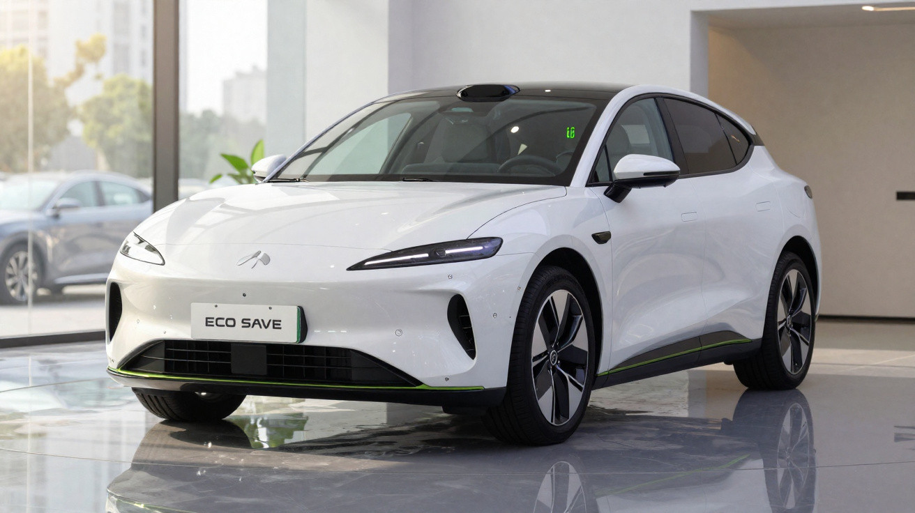 Carro elétrico branco ECO SAVE num showroom moderno com janelas grandes e piso reflexivo.
