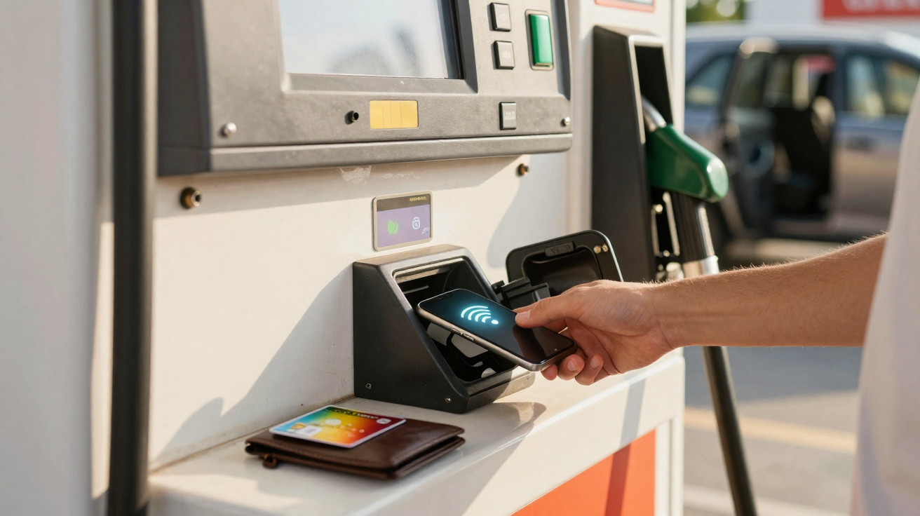 Pessoa a pagar combustível numa bomba usando smartphone com tecnologia contactless e carteira com cartão ao lado.