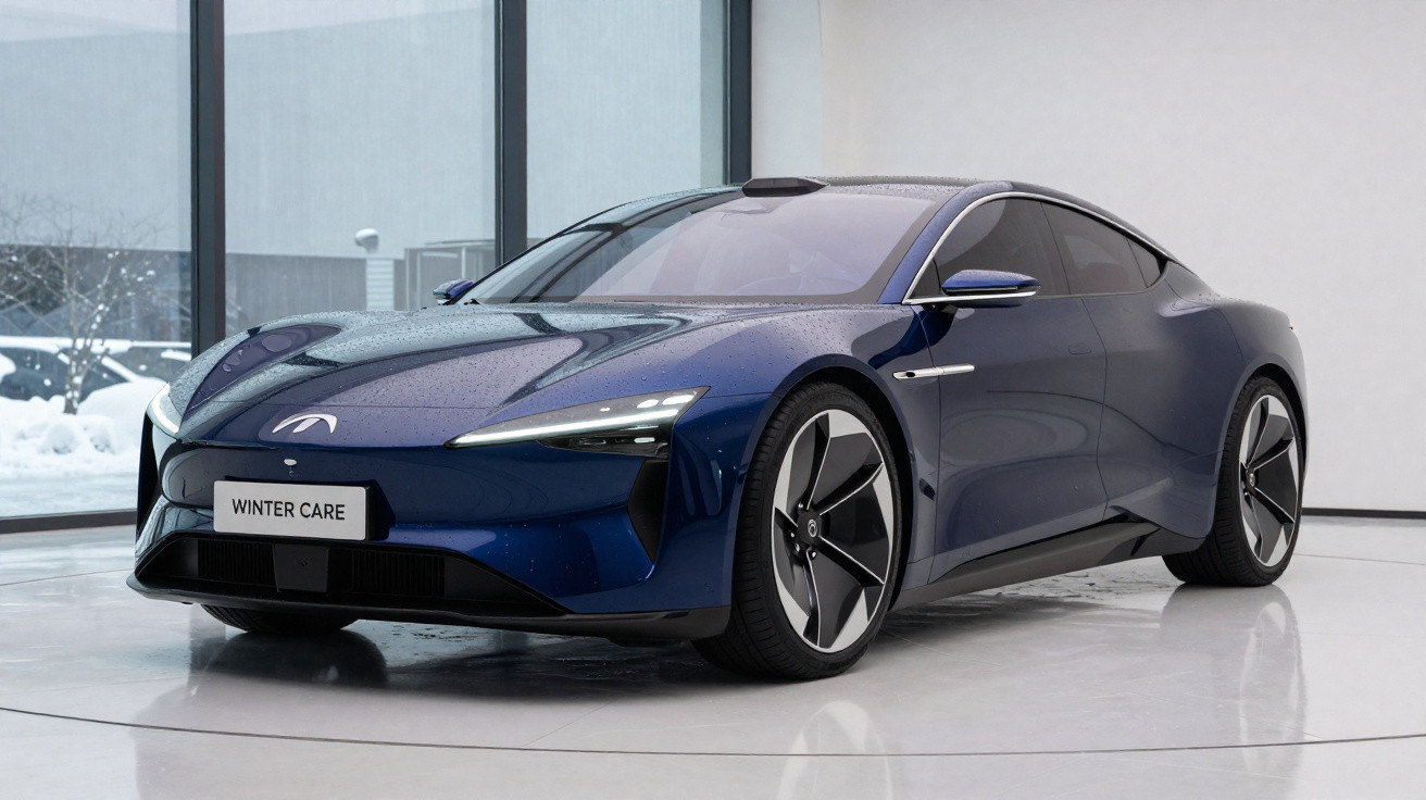 Carro desportivo elétrico azul escuro em showroom moderno com neve visível através da janela.