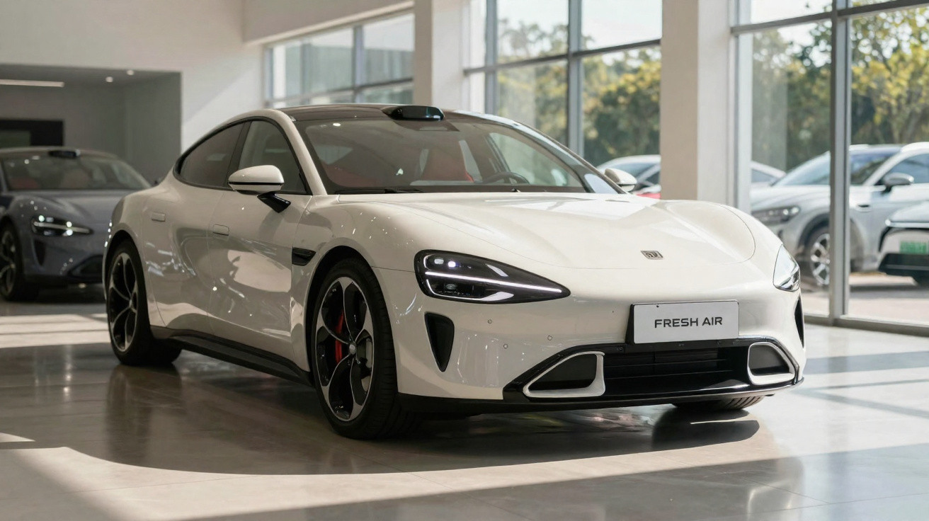 Carro desportivo branco estacionado num showroom com luz natural a entrar pelas janelas grandes.