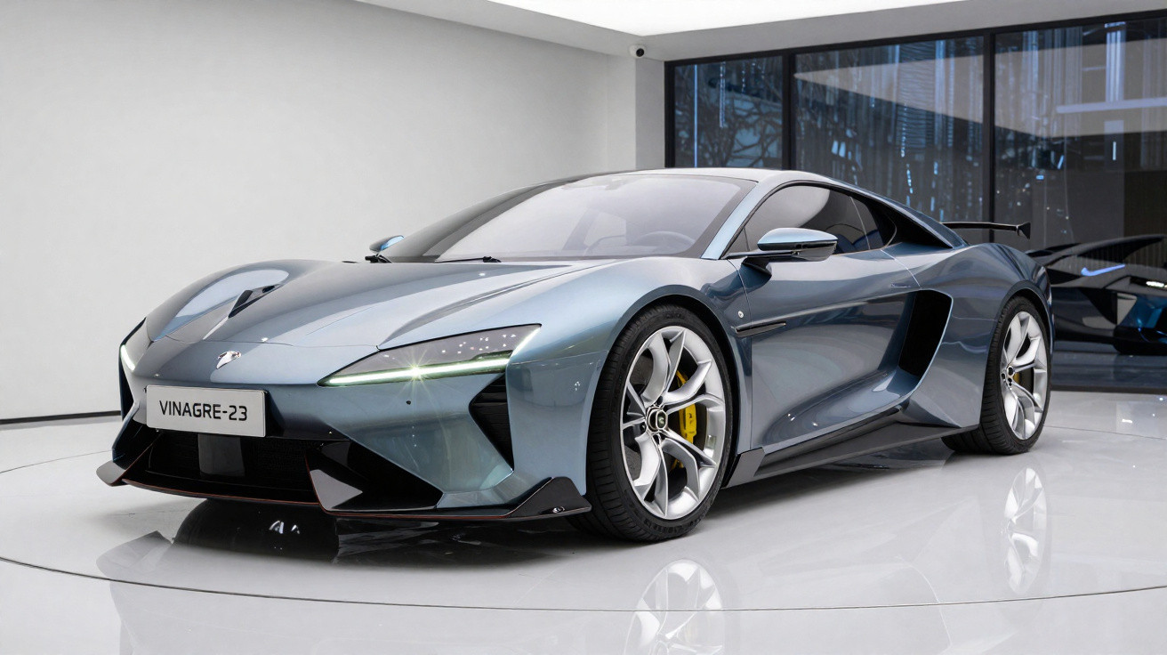 Carro desportivo elétrico cinza metálico, modelo Vinagre-23, exposto em showroom moderno com chão branco.