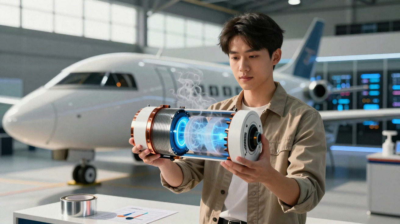 Homem a segurar modelo tecnológico futurista com avião e ecrãs ao fundo.
