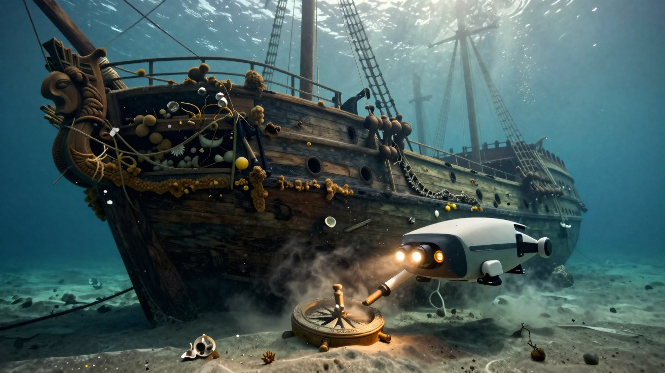 Veículo subaquático explora um navio pirata antigo naufragado no fundo do mar.