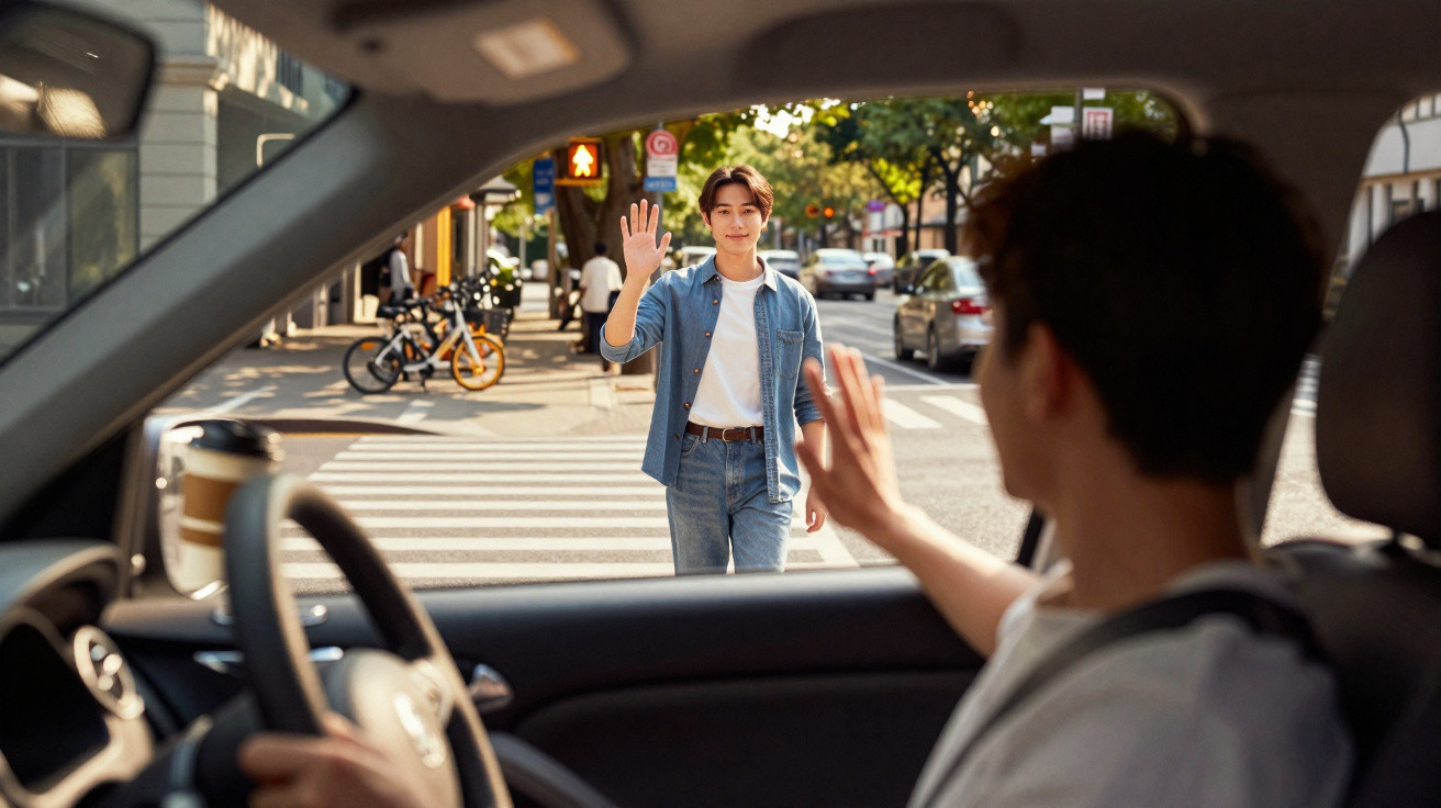 Motorista e peão cumprimentam-se com um aceno numa passagem de peões numa rua urbana.