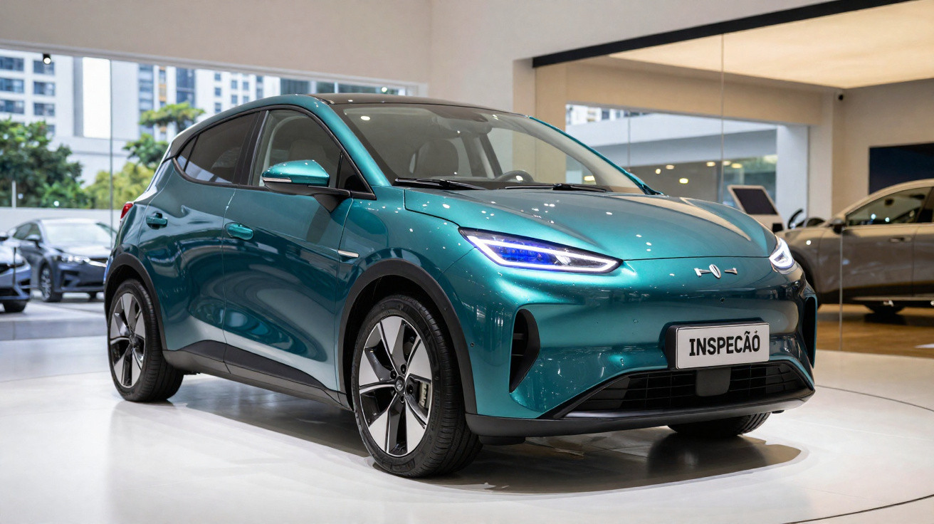 Carro elétrico compacto verde metálico exposto em showroom moderno com luzes LED acesas.