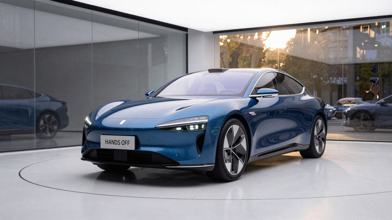 Carro elétrico desportivo azul num espaço iluminado com chão branco e paredes de vidro.