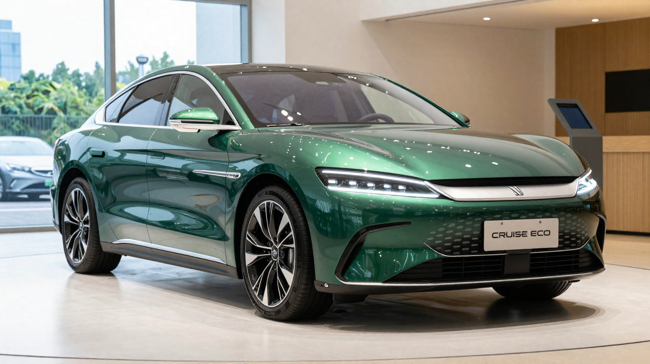 Carro elétrico verde Cruise Eco estacionado num espaço interior moderno com janelas amplas.