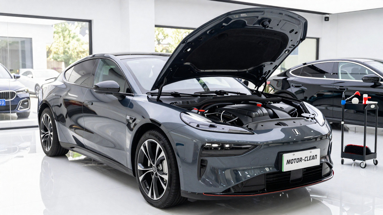 Carro moderno cinza com capô aberto e motor exposto numa oficina limpa com carrros ao fundo.