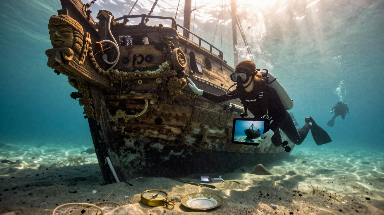 Mergulhador inspeciona um navio afundado decorado com entalhes e objetos no fundo do mar.