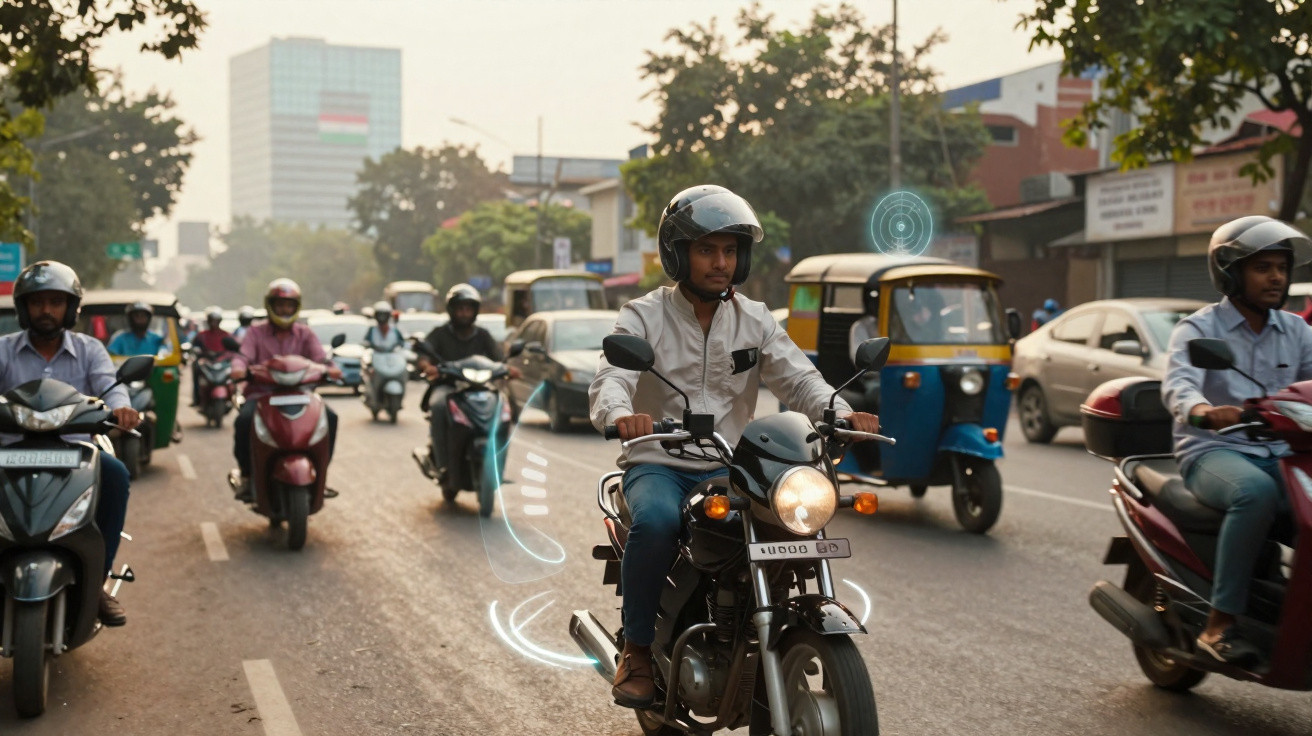 Vários motociclistas de capacete circulam numa estrada urbana movimentada ao entardecer.