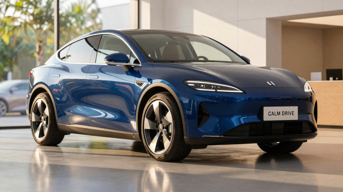 Automóvel elétrico azul estacionado em interior moderno com luz natural e plantas.