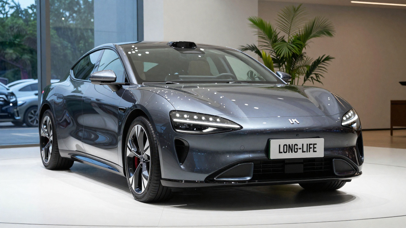 Carro elétrico cinza escuro com design moderno exibido num showroom com plantas ao fundo.
