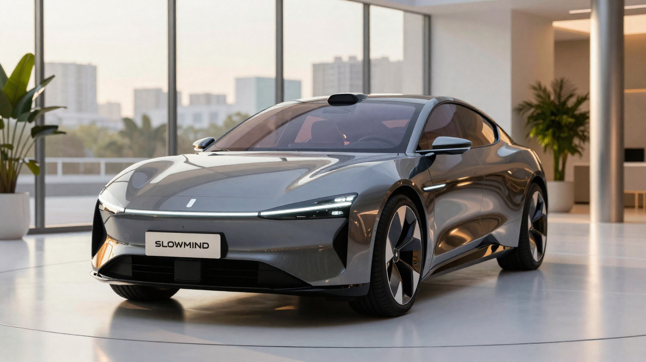 Carro elétrico cinzento moderno em ambiente interior minimalista com plantas e grandes janelas.