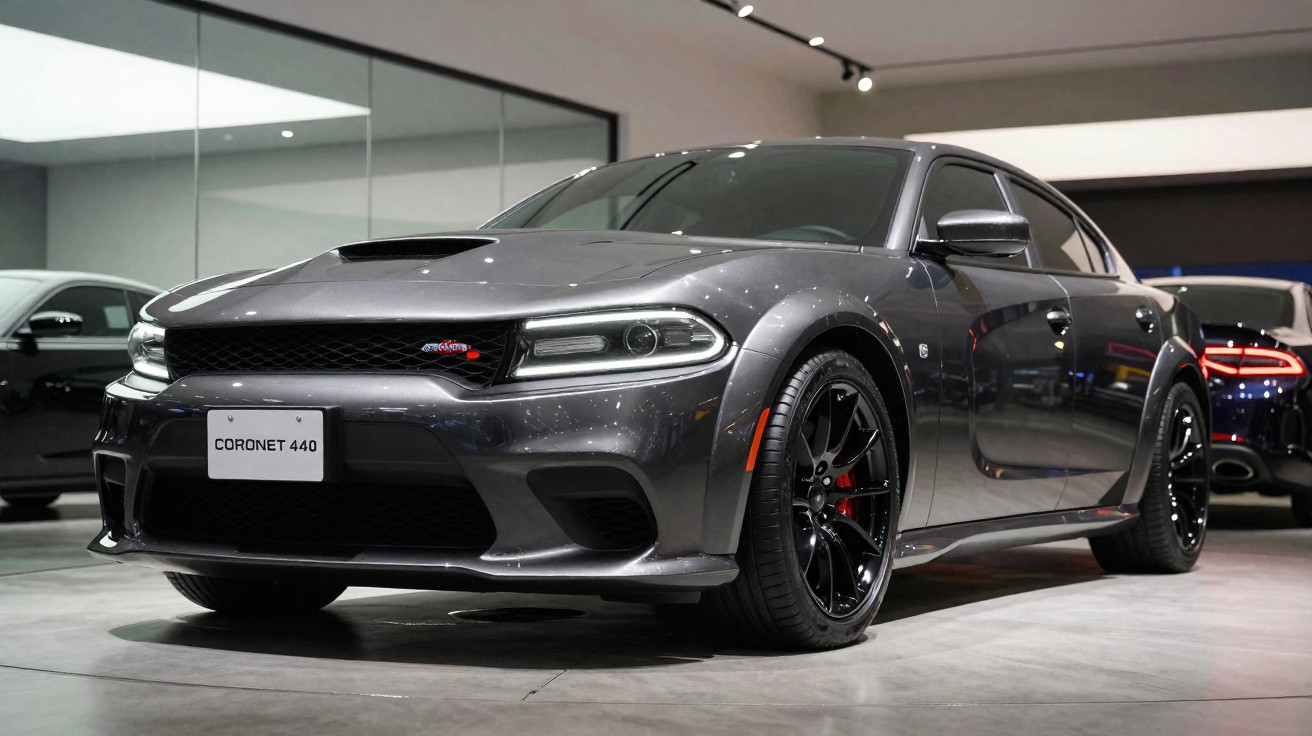 Carro desportivo cinza metálico estacionado interiormente, modelo Coronet 440 com rodas pretas e faróis acesos.