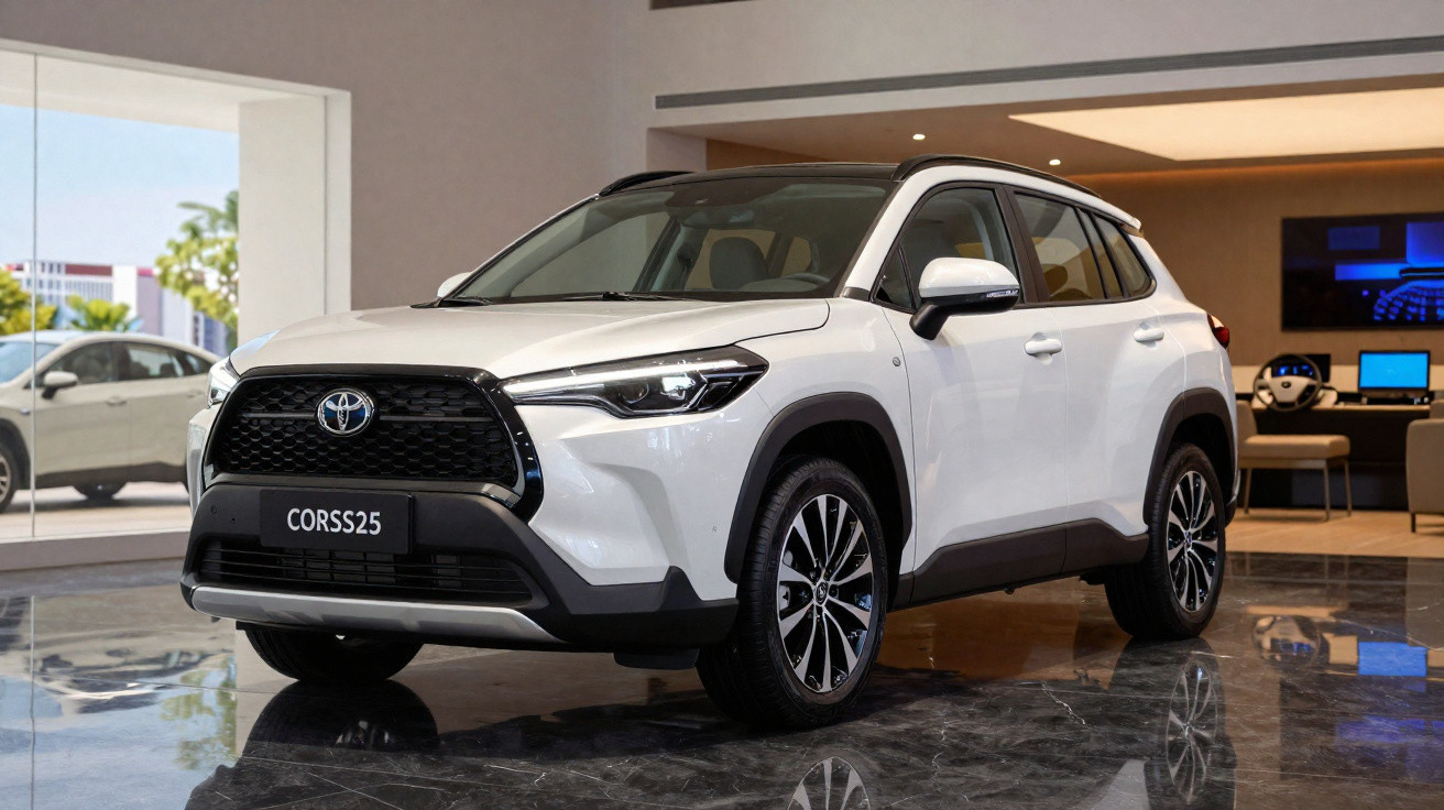 Carro SUV branco Toyota Cioss25 estacionado em showroom com chão em mármore e vidros grandes.