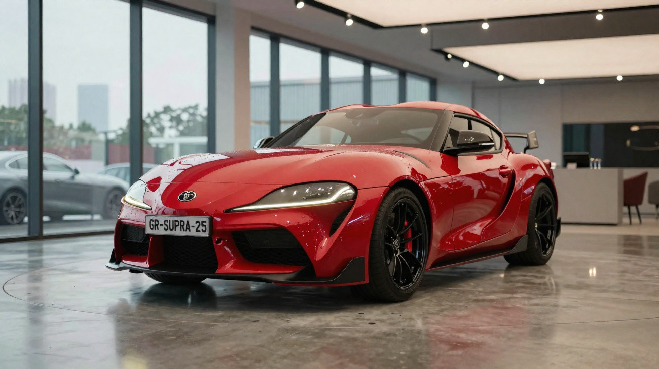 Toyota GR Supra vermelho estacionado em sala de exposições moderna com janelas amplas e chão de cimento polido.