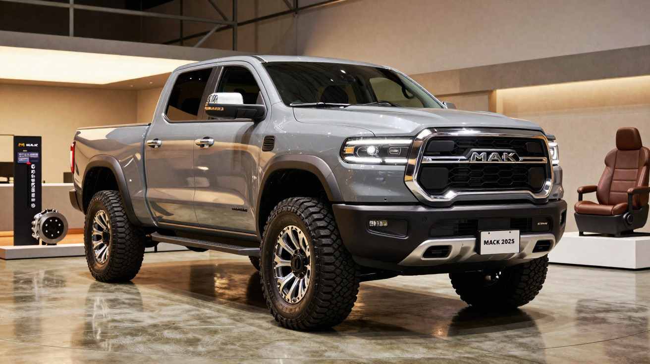 Pick-up branca MACK 2025 com pneus robustos exposta em showroom moderno e iluminado.