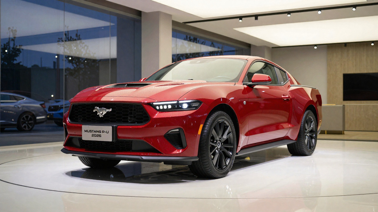 Pick-up Ford Mustang vermelha exposta num showroom moderno com grandes janelas de vidro.
