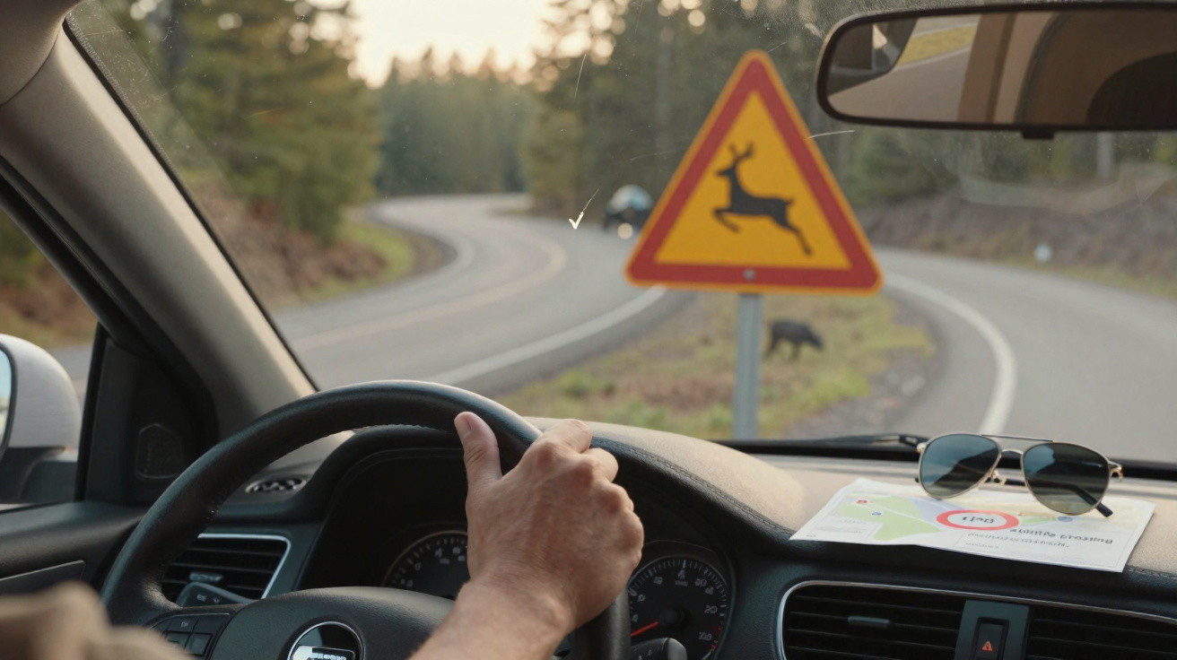 Condutor dentro do carro observa sinal de aviso de passagem de veados na estrada rodeada de natureza.
