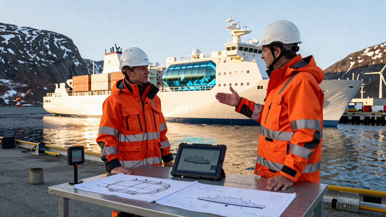 Dois homens em fatos de segurança e capacetes junto a um porto com um navio e planos técnicos sobre uma mesa.