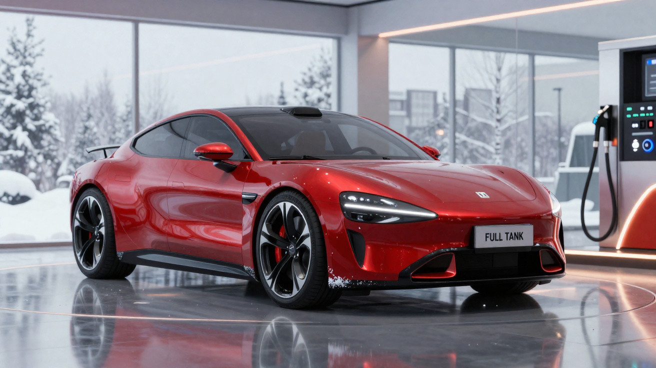 Carro desportivo elétrico vermelho brilhante em exposição numa sala com janelas grandes e neve lá fora.