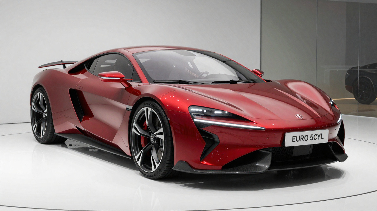 Carro desportivo vermelho metálico estacionado num showroom com chão branco e paredes espelhadas.