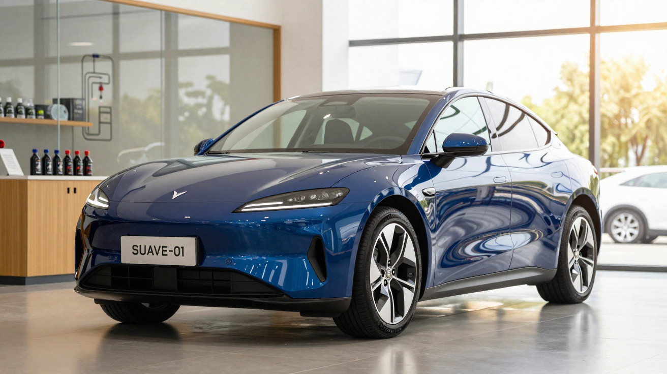Carro elétrico desportivo azul estacionado num showroom moderno com chão de cimento polido.