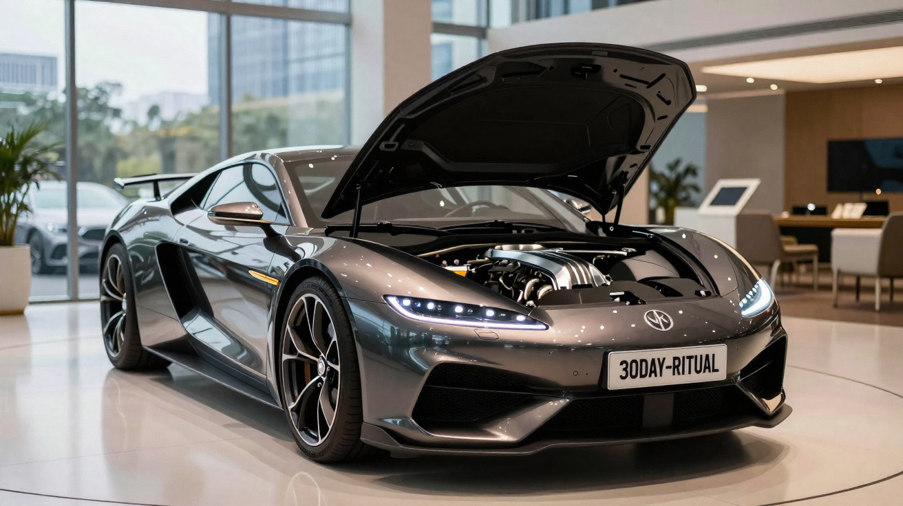 Carro desportivo cinza metálico com capô aberto mostrando o motor, em exposição numa garagem moderna.
