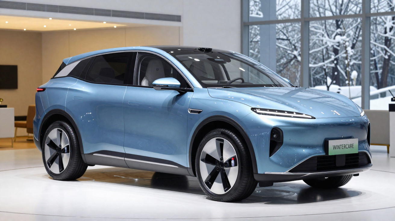 Carro elétrico moderno azul claro numa exposição com grandes janelas e iluminação interior suave.