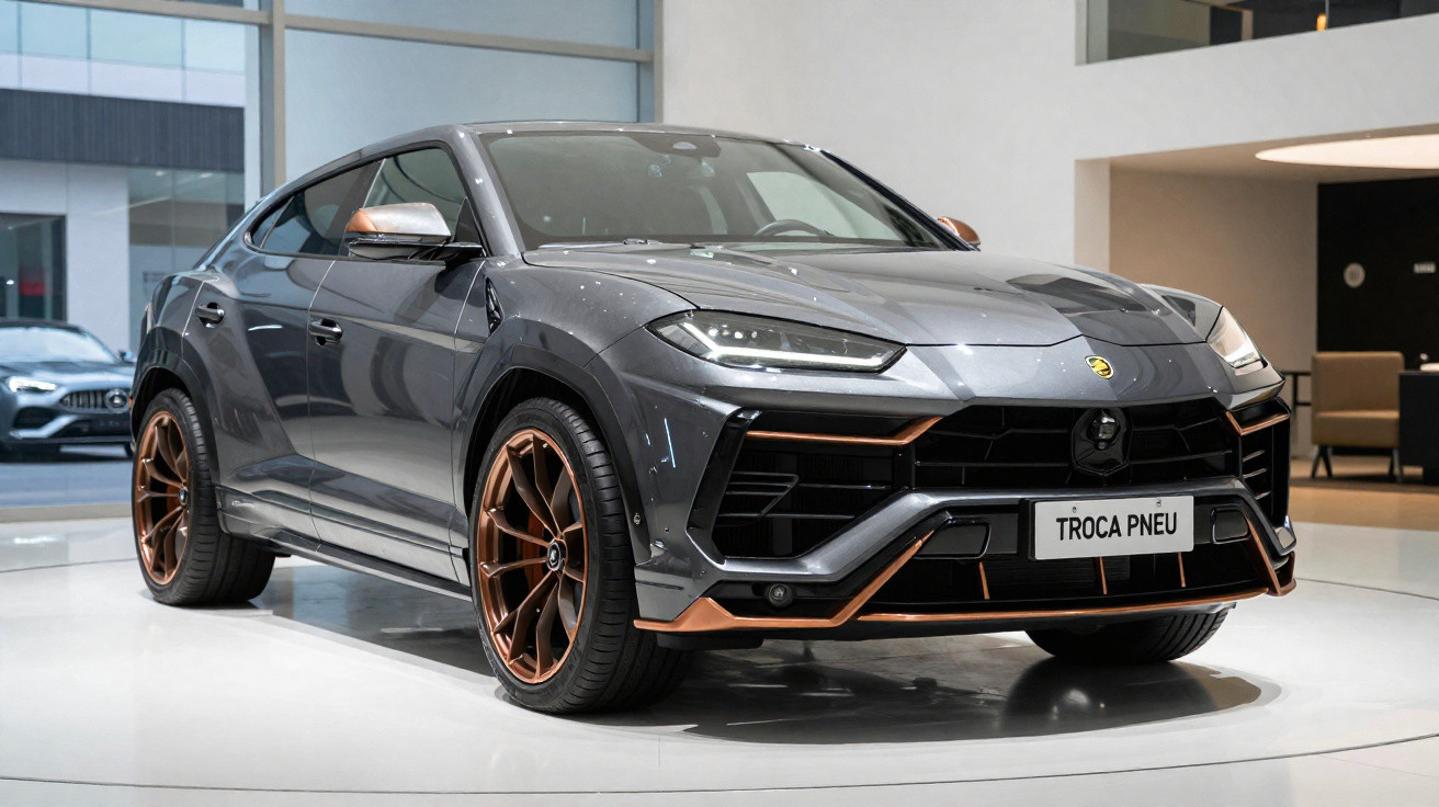 Automóvel SUV cinzento com detalhes em bronze exposto em showroom moderno com placa "Troca Pneu".