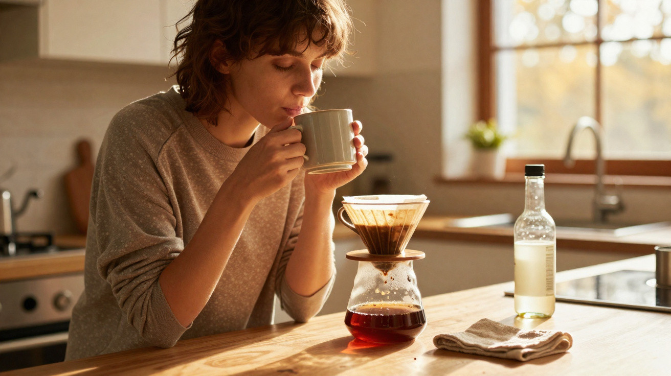 Pessoa a saborear café numa cozinha com filtro de café e garrafa na mesa.