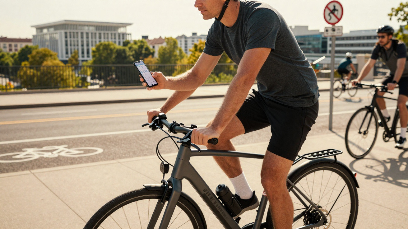 Homem numa bicicleta com roupa desportiva a segurar smartphone num passeio urbano com ciclistas ao fundo.