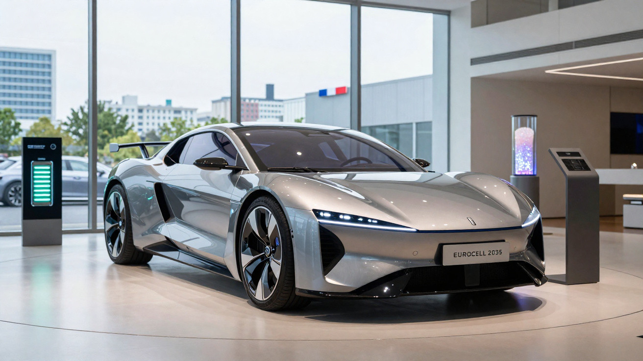 Carro desportivo eléctrico cinzento Eurocell 2035 em exposição numa sala moderna com grandes janelas.