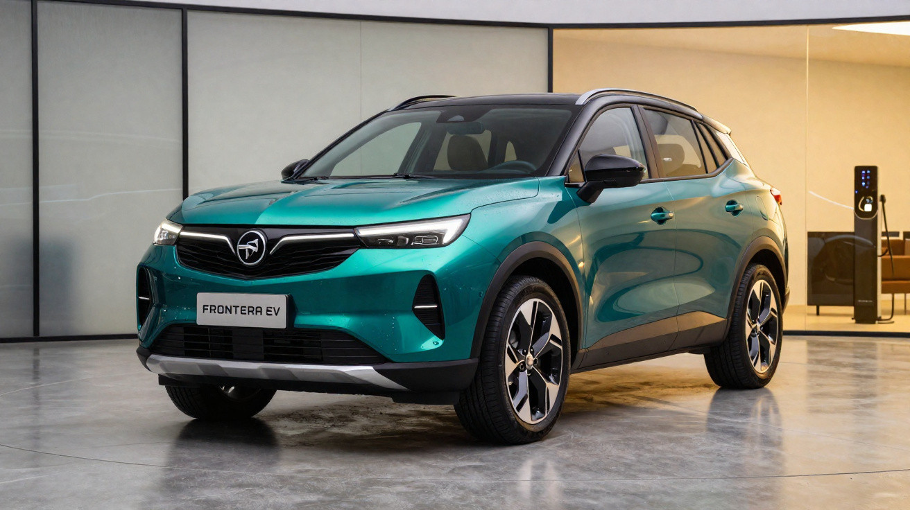 Veículo SUV elétrico Opel Frontera EV verde esmeralda estacionado em interior moderno com posto de carregamento.