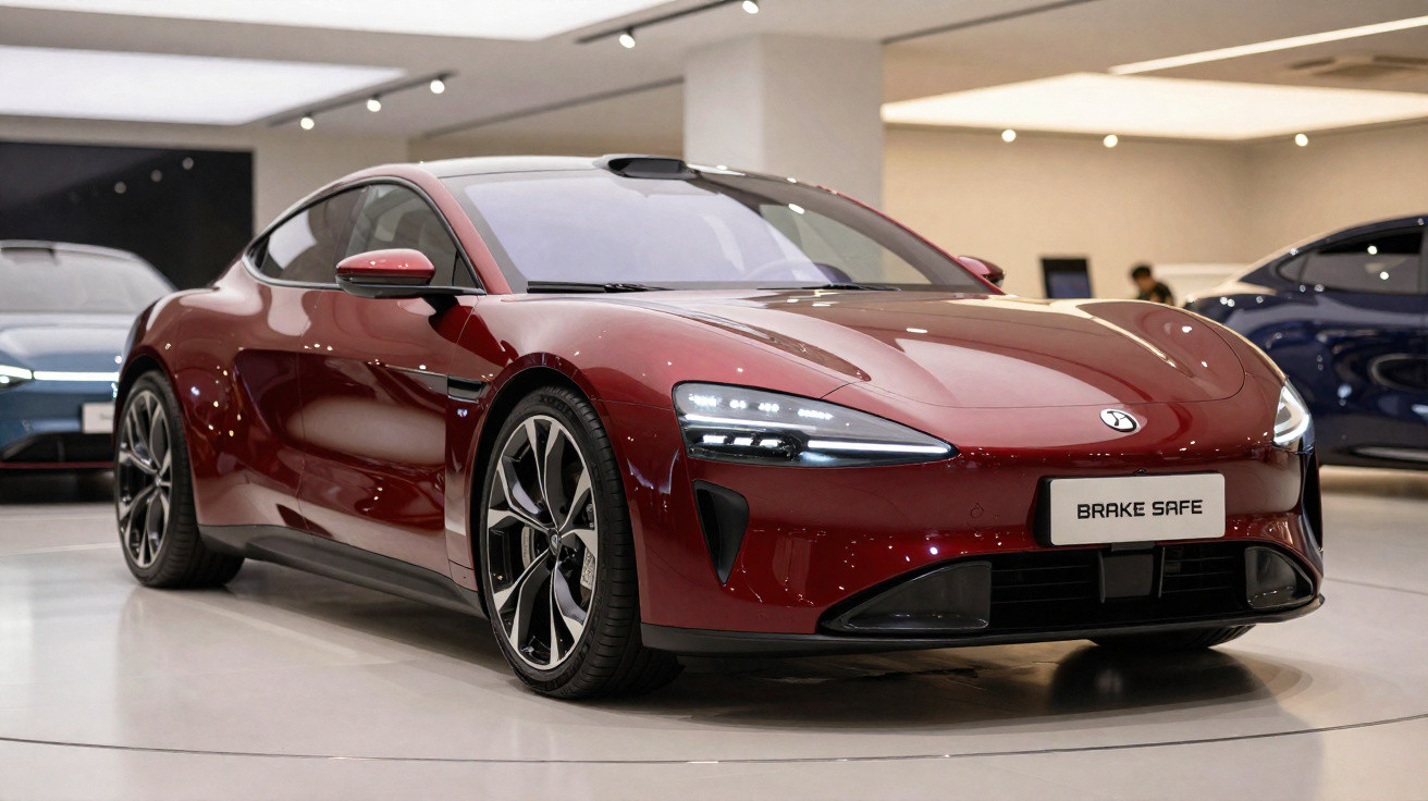 Carro desportivo elétrico vermelho brilhante apresentado em exposição, com design aerodinâmico e rodas desportivas.