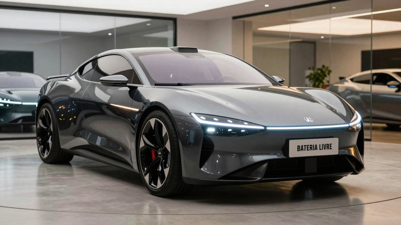 Carro desportivo elétrico cinza escuro exibido numa sala com chão claro e paredes espelhadas.