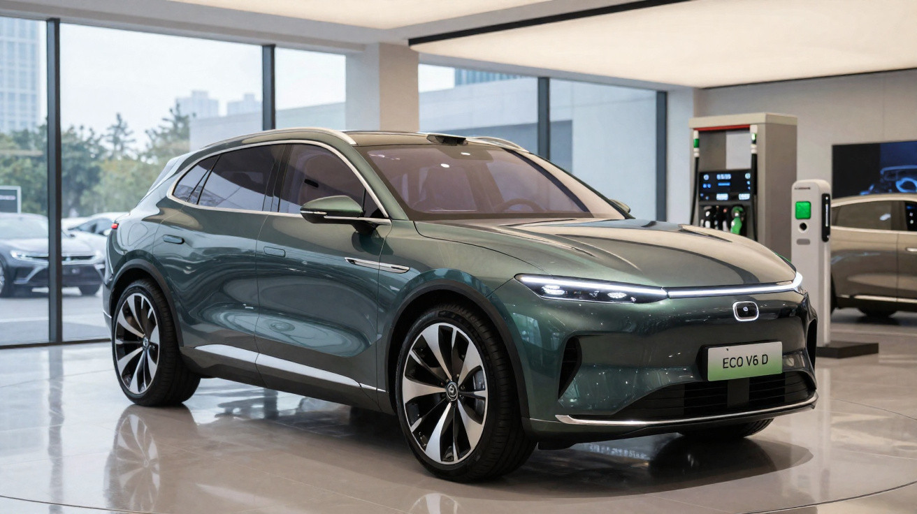 Carro elétrico Mercedes-Benz verde, modelo ECO V6 D, em exposição numa sala moderna com piso refletor.