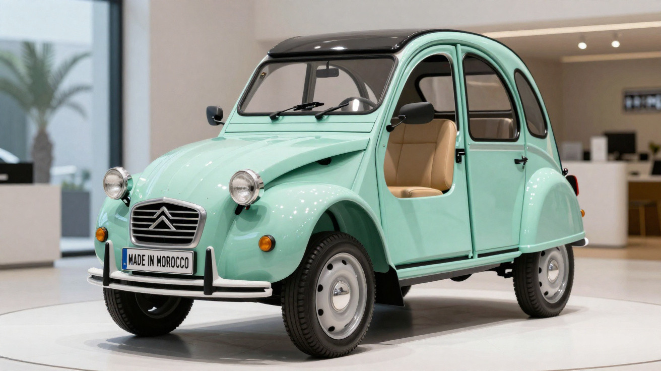 Carro Citroën 2CV vintage verde-água exposto em salão automóvel interior moderno.
