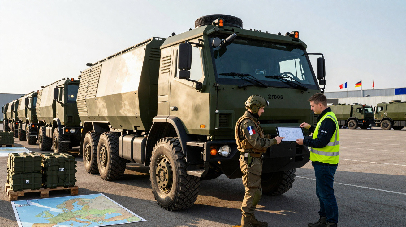 Dois homens junto a veículos militares verdes com mapas no chão e caixas verdes em paletes.