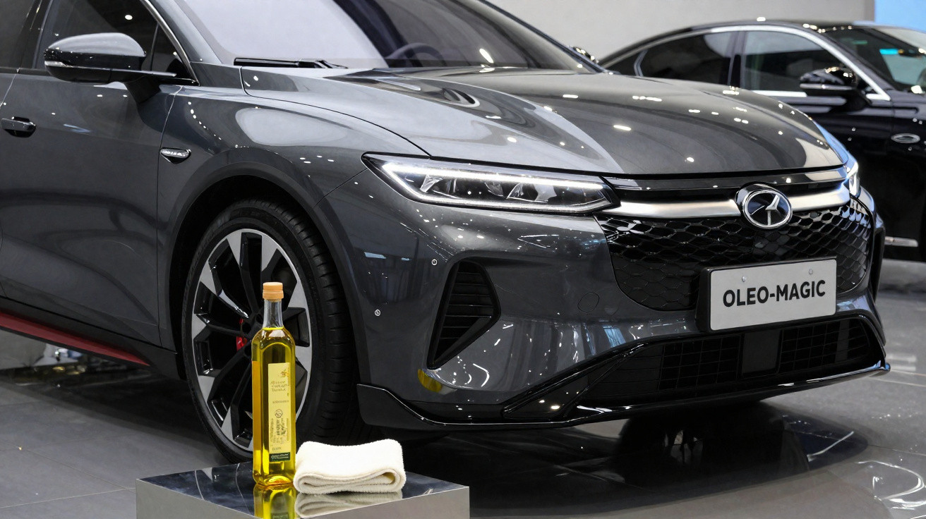 Carro cinzento escuro moderno com faróis LED e garrafa de azeite amarelo à frente num suporte cinzento.