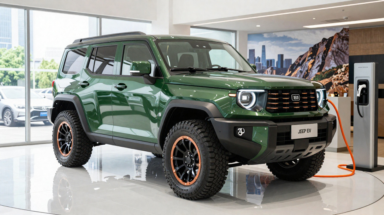 SUV elétrico verde Jeep EV 600 a carregar numa estação de carregamento dentro de uma loja moderna.