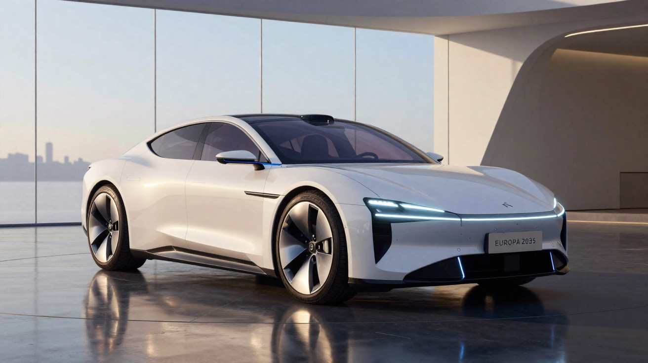 Carro elétrico desportivo cinza prateado com design futurista em showroom moderno com vidros panorâmicos.