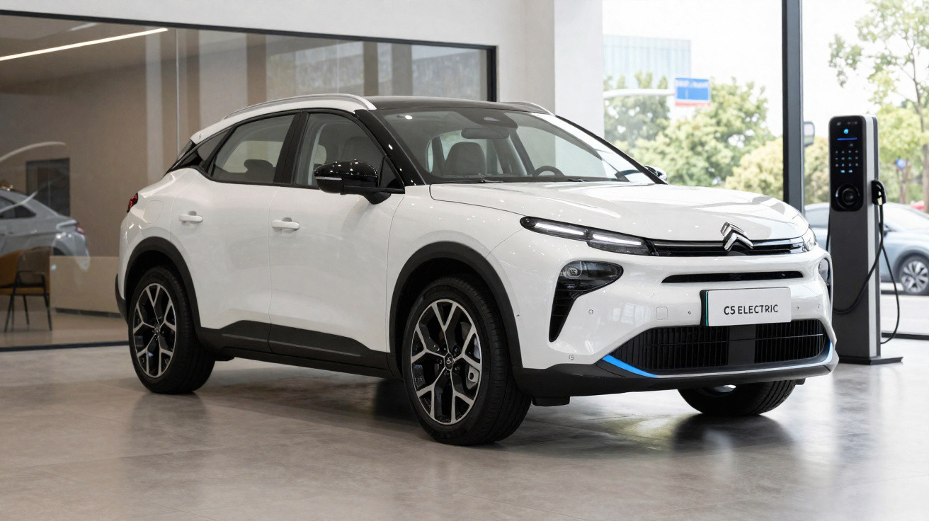 Automóvel elétrico Citroën C5 Electric branco estacionado em interior com posto de carregamento.