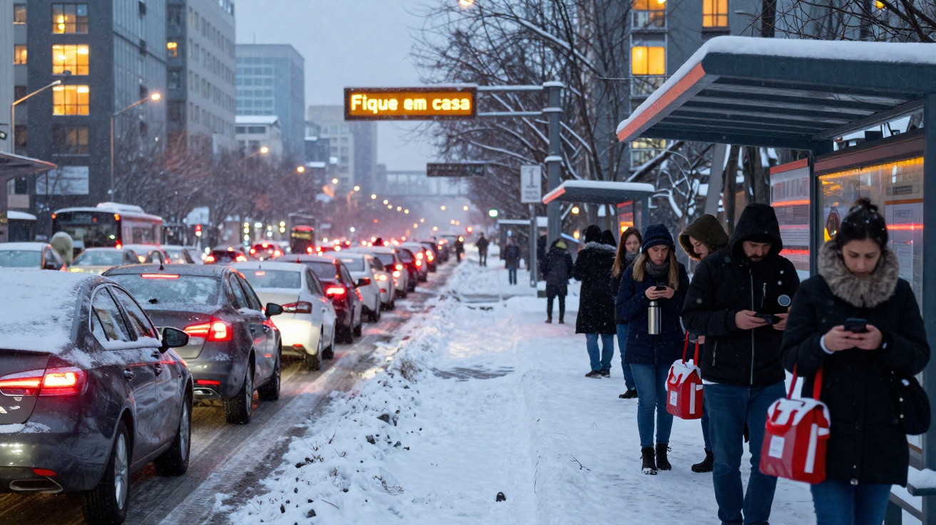 Fila de pessoas à espera de autocarro na paragem, com neve e sinal luminoso a dizer "Fique em casa".
