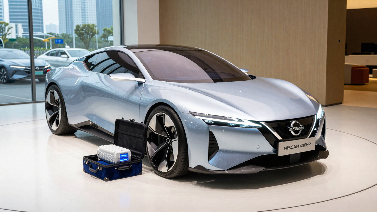 Carro desportivo Nissan prateado num showroom moderno com uma mala preta e um dispositivo tecnológico ao lado.