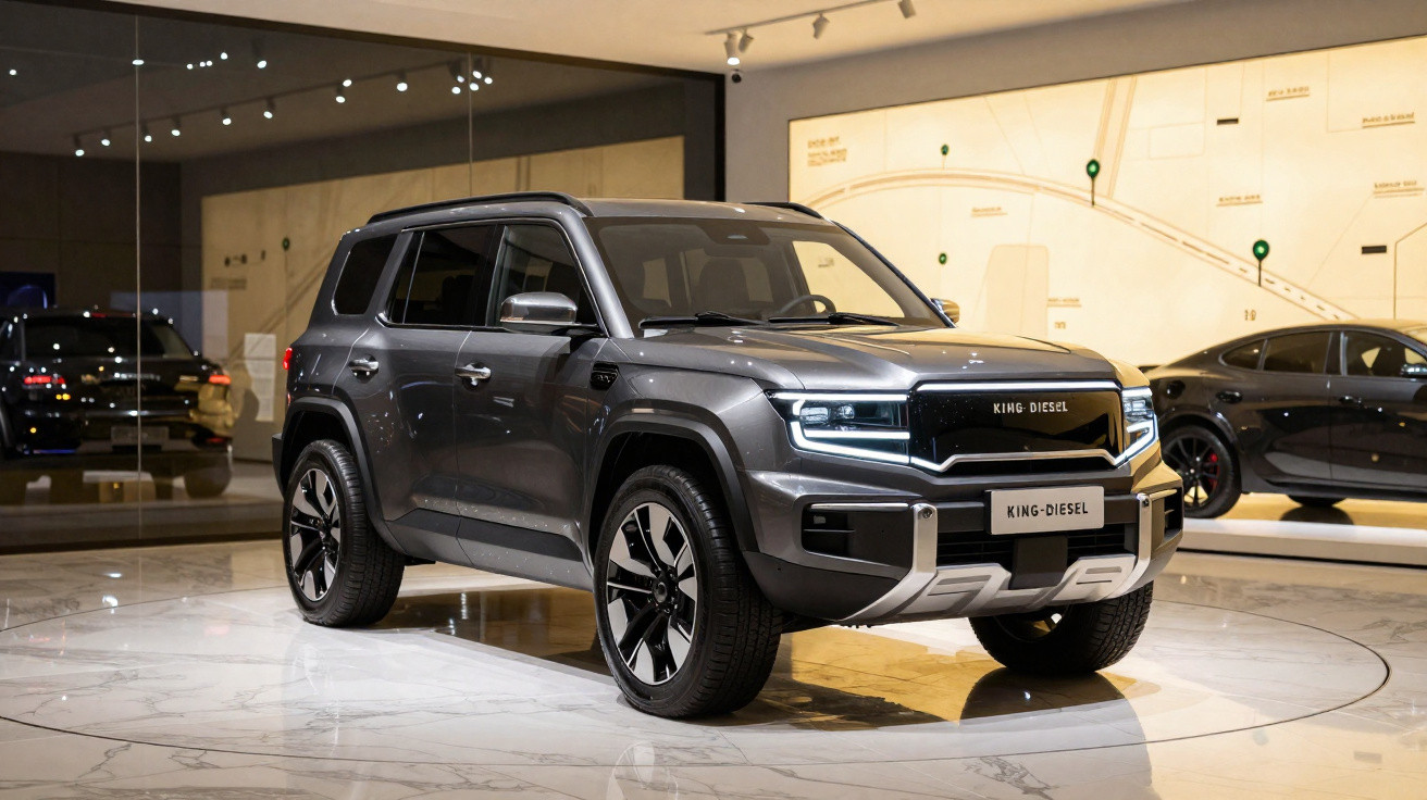 Carro SUV eléctrico cinzento estacionado em showroom moderno com iluminação suave e mapa mural.