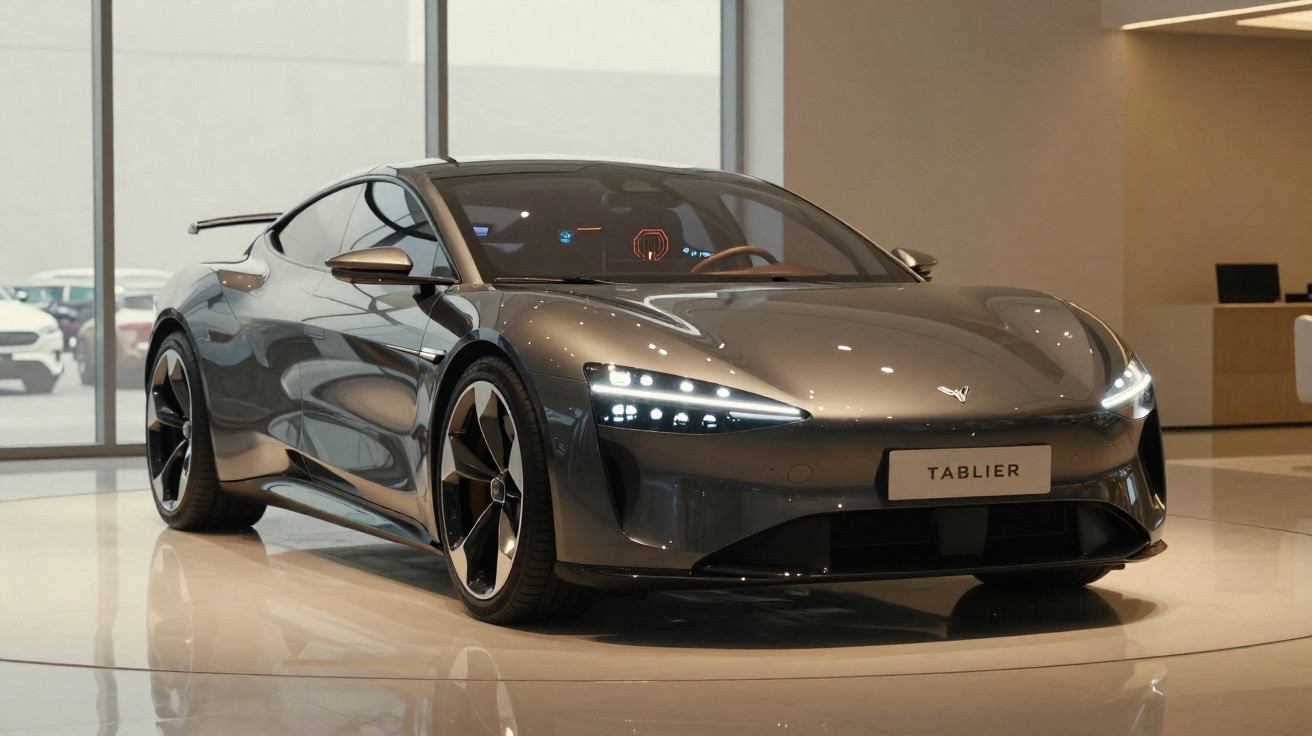 Carro desportivo elétrico cinzento brilhante exibido num salão com luz natural e piso refletor.